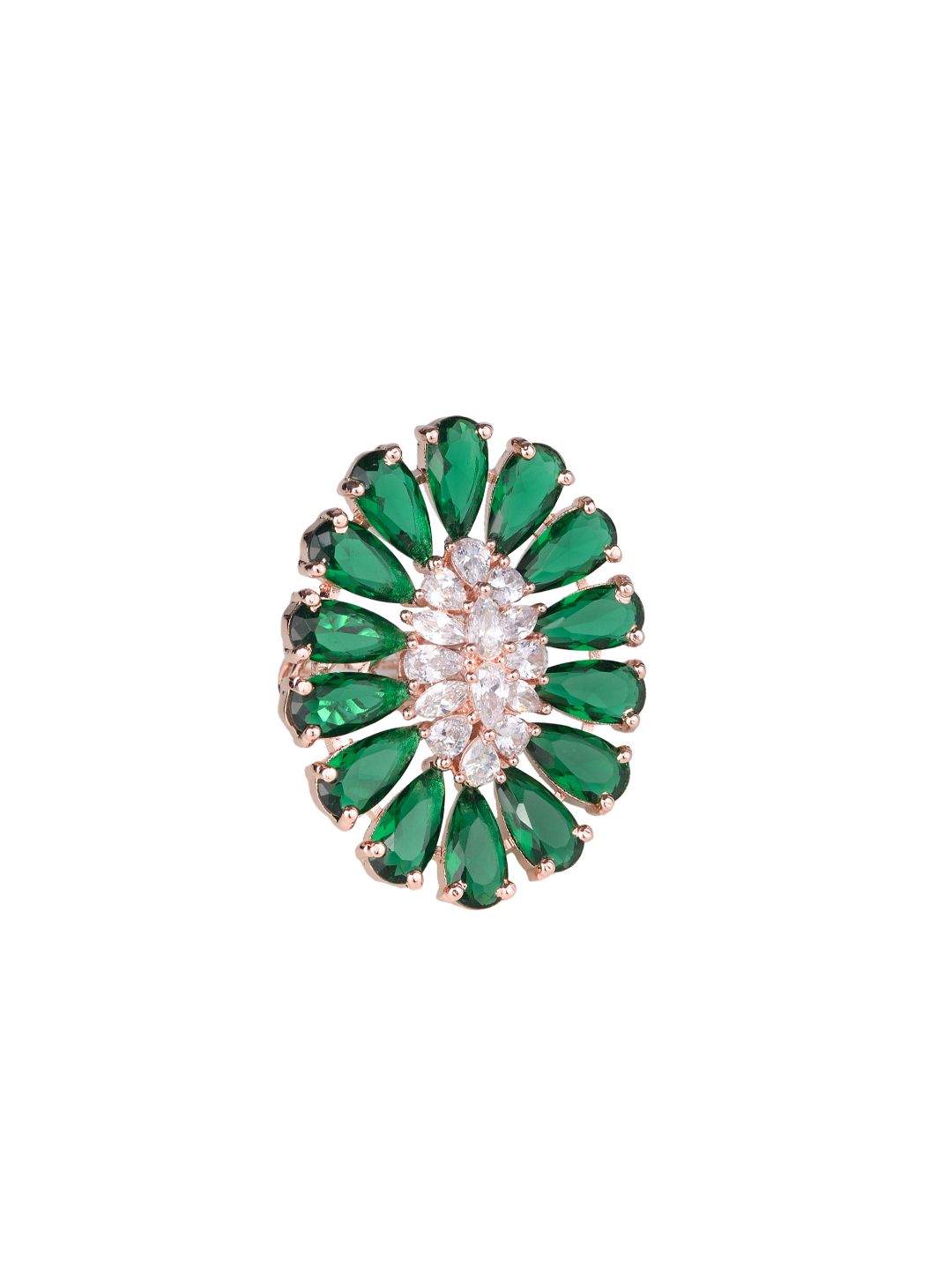 Emerald and AD encrusted Floral Ring Green Diamond Handcrafted Adjustable