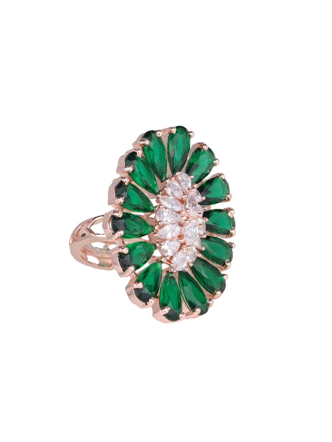 Emerald and AD encrusted Floral Ring Green Diamond Handcrafted Adjustable