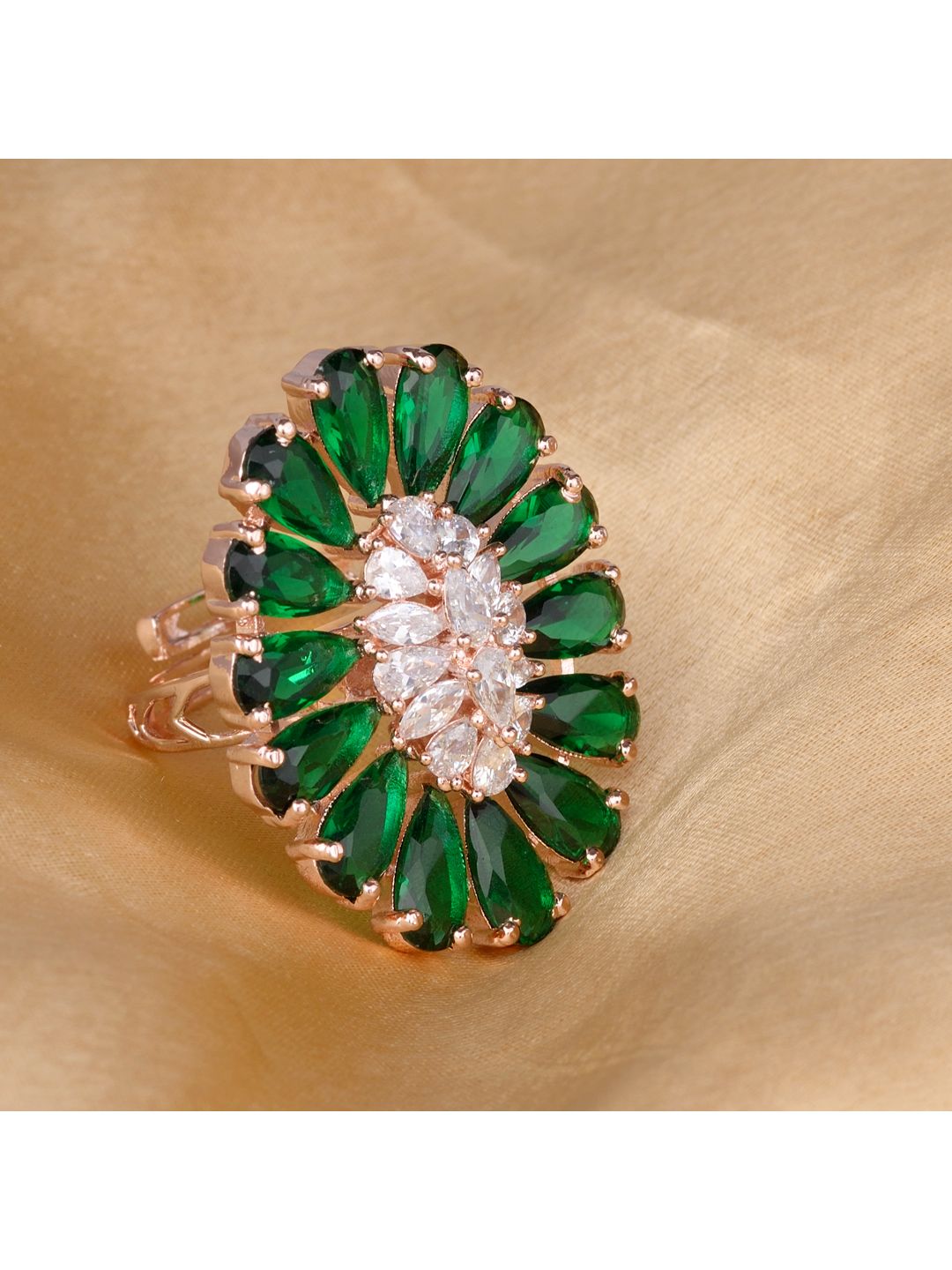 Emerald and AD encrusted Floral Ring Green Diamond Handcrafted Adjustable