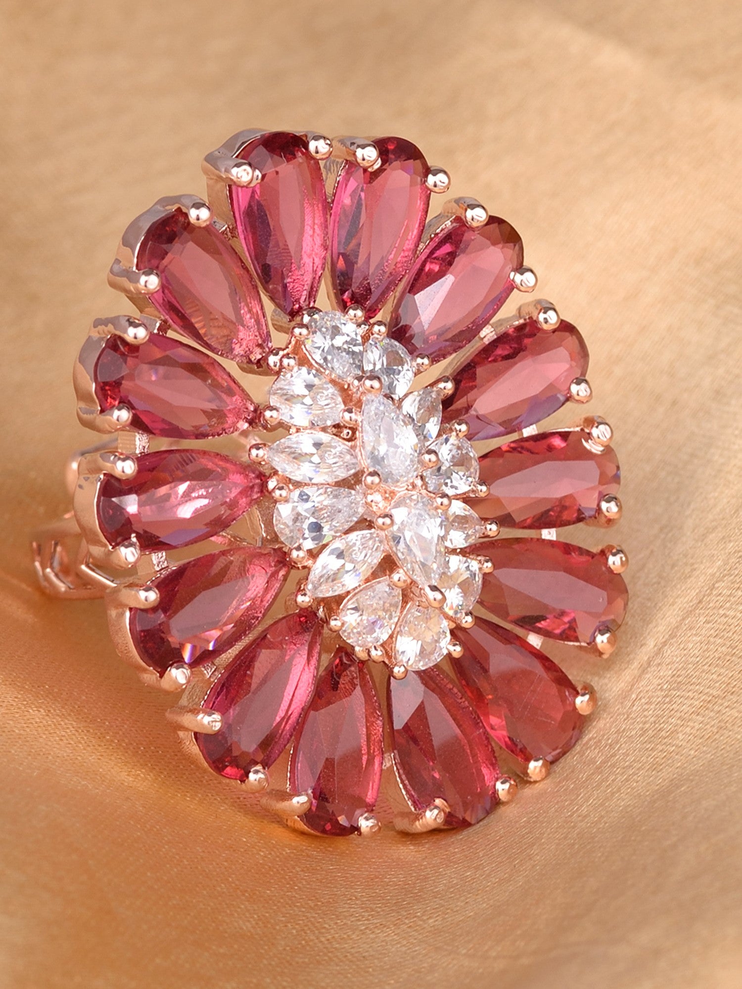 Ruby and AD encrusted Floral Ring Red Diamond Handcrafted Adjustable