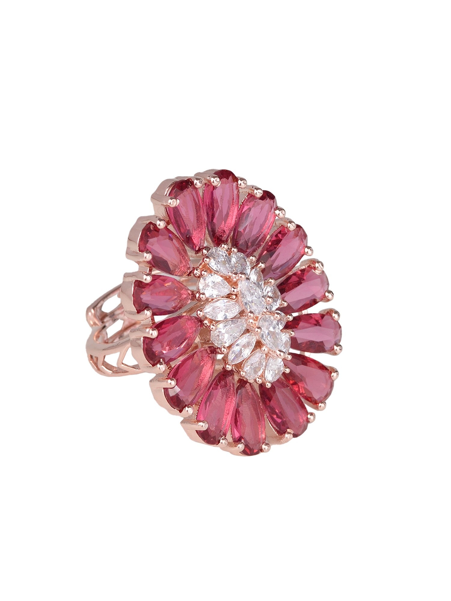 Ruby and AD encrusted Floral Ring Red Diamond Handcrafted Adjustable