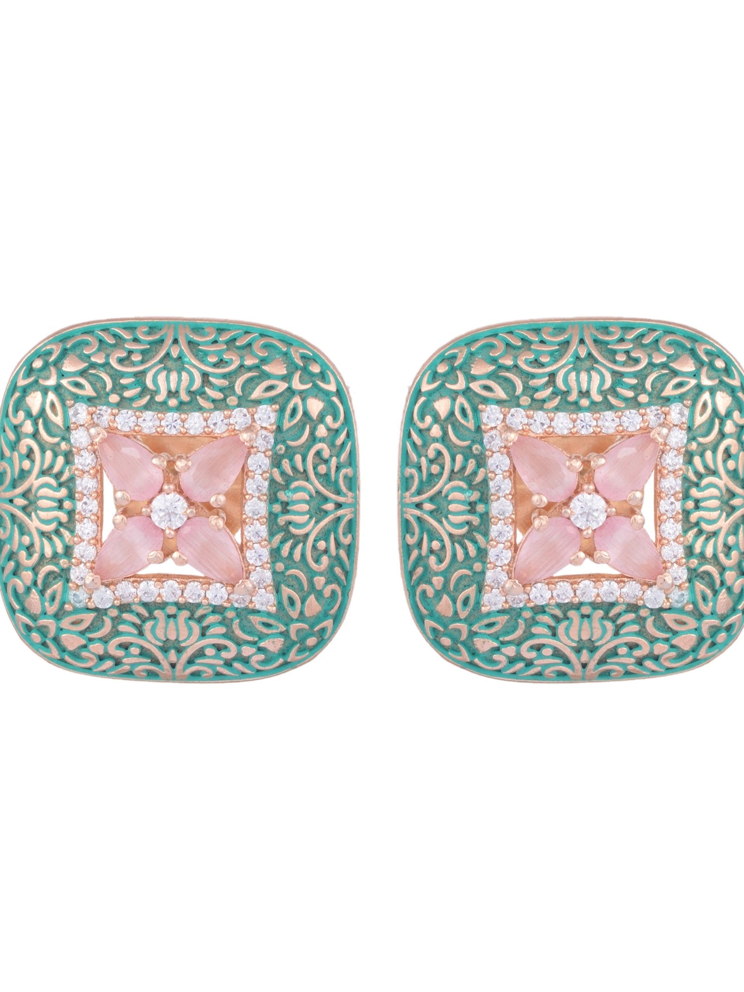 Teal Enamelled Studs Green Meenakari & Pastel Pink AD small earrings