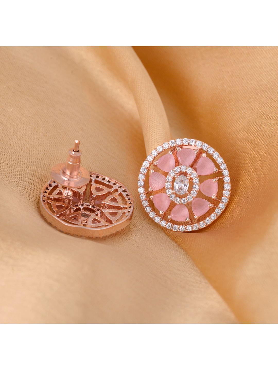 Elegant Pastel Pink Floral Studs AD encrusted Rose gold plated small earrings