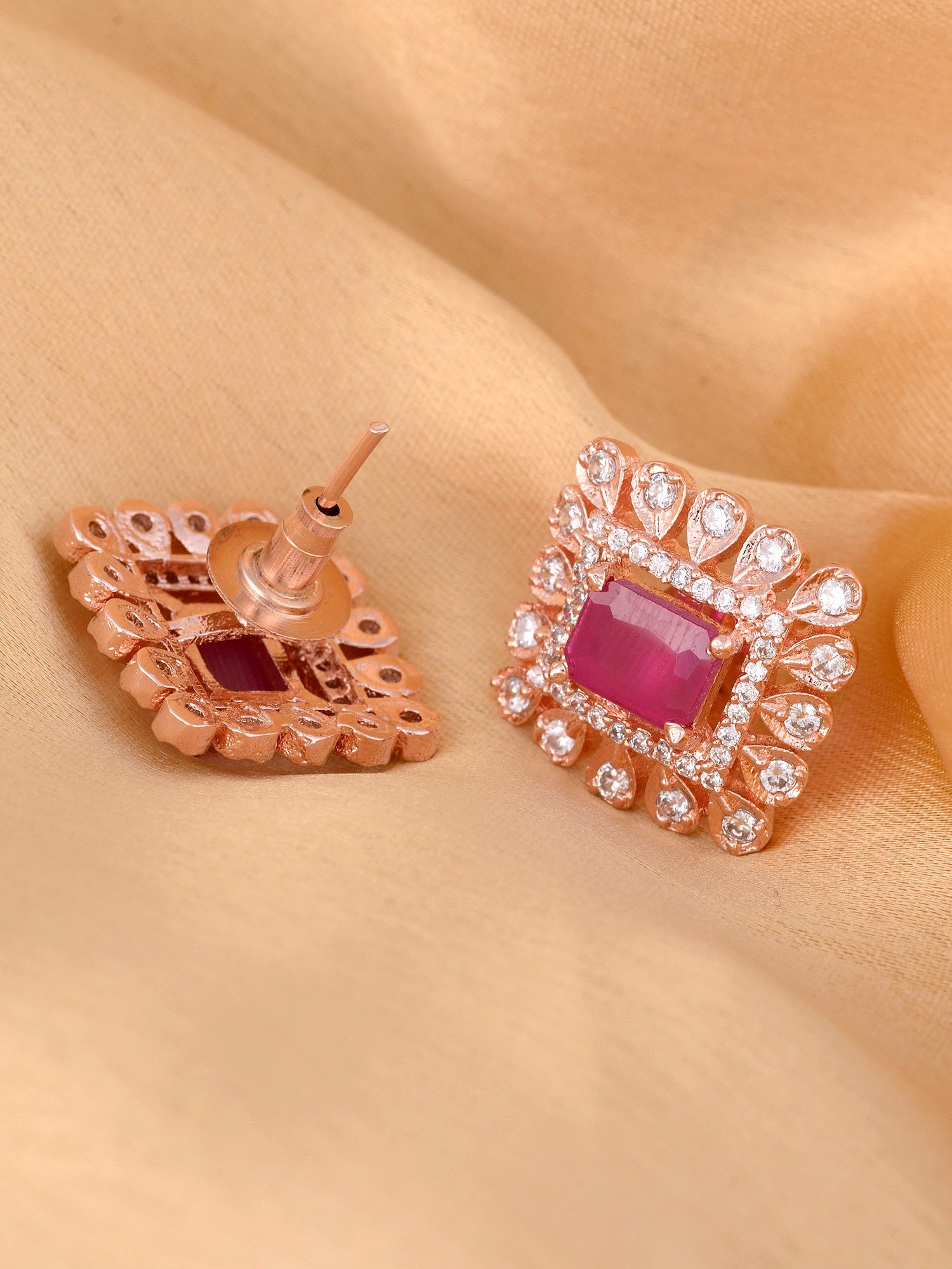 Modern Square shaped Pink Tops Rose gold plated studs AD studded small earrings