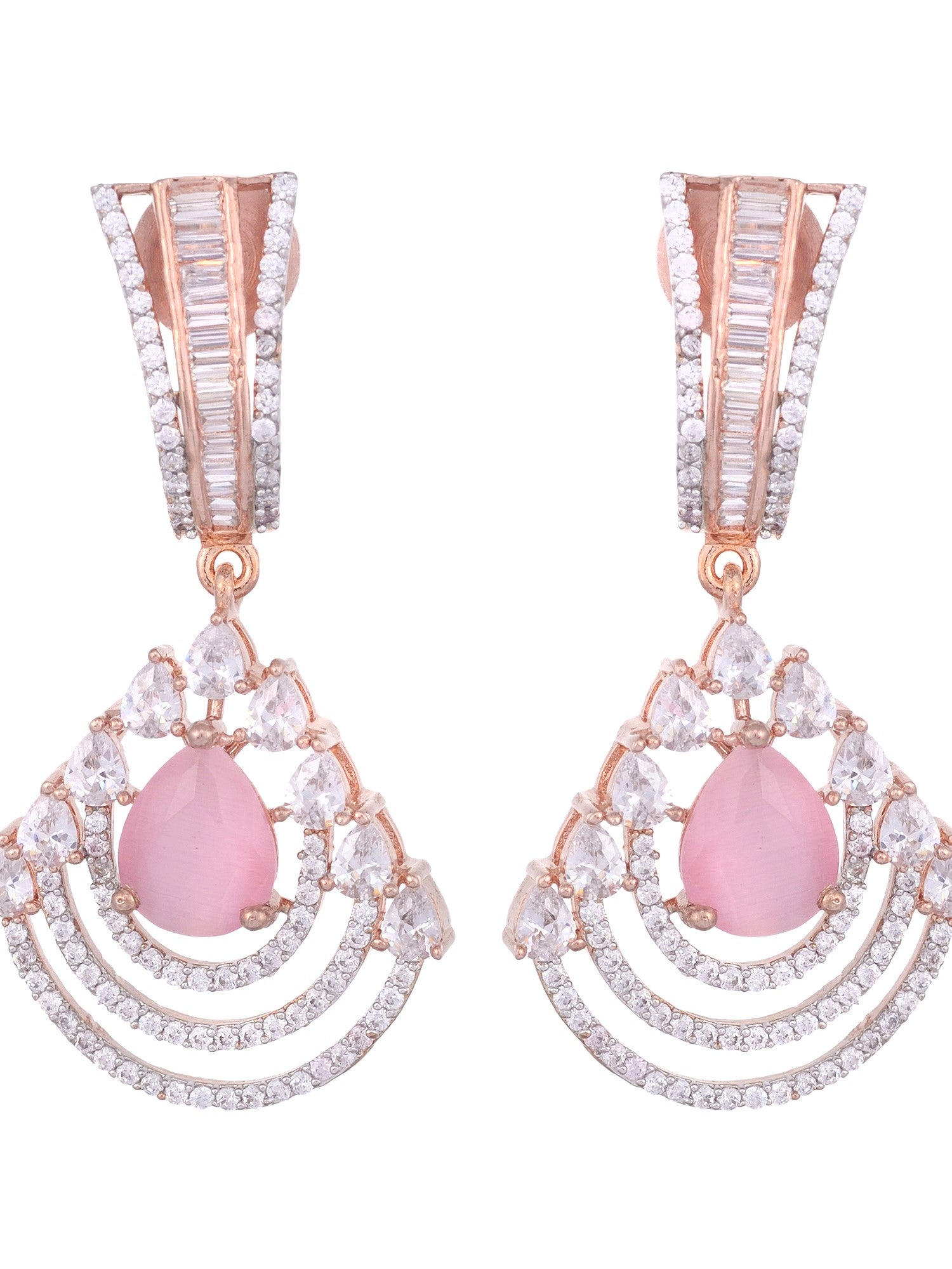 Modern Rose Quartz danglers Pastel Pink drop earrings AD studded Rose gold plated