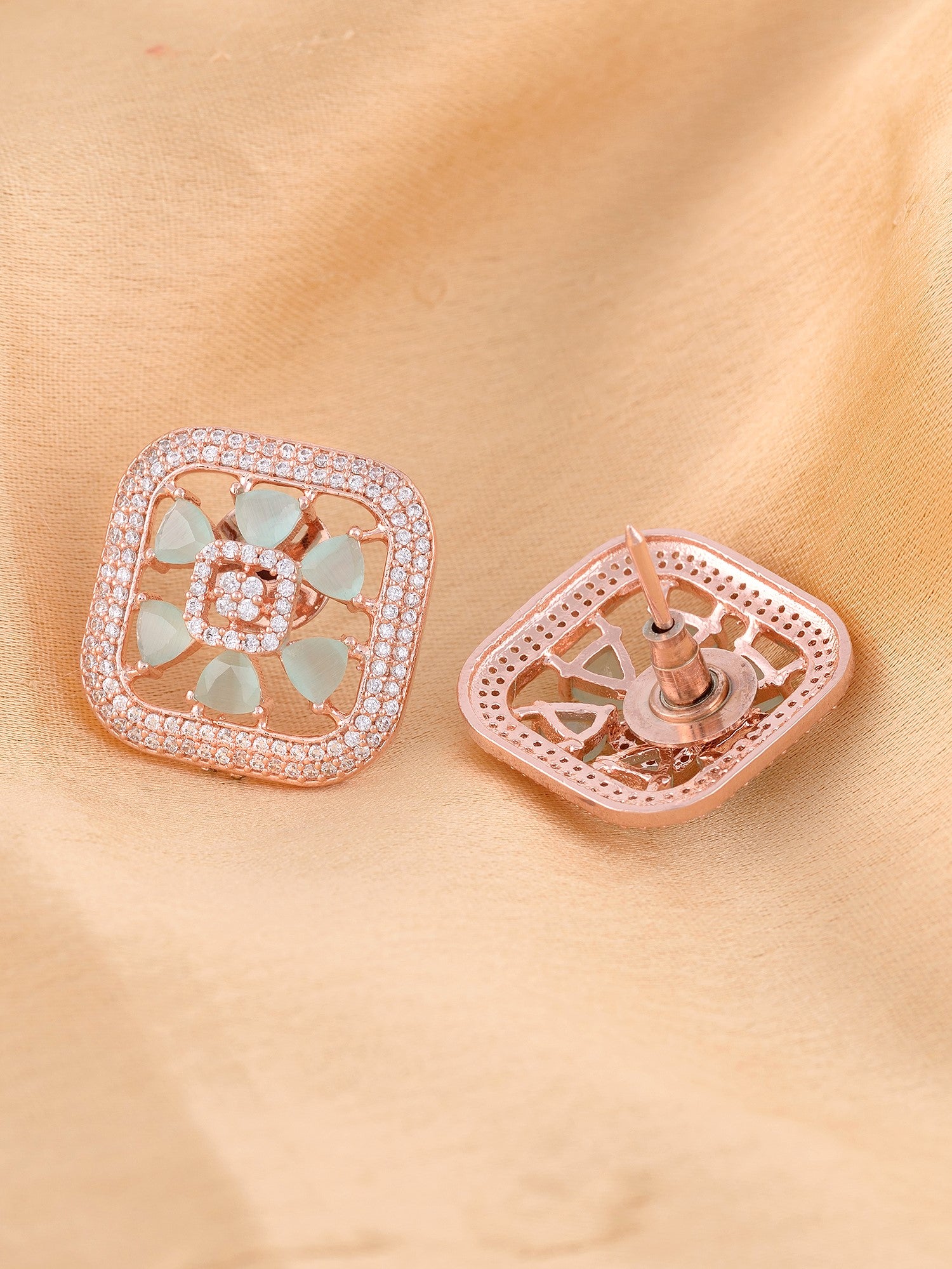 Sqaure Sleek Turquoise studs light blue AD studded rose gold plated small earrings