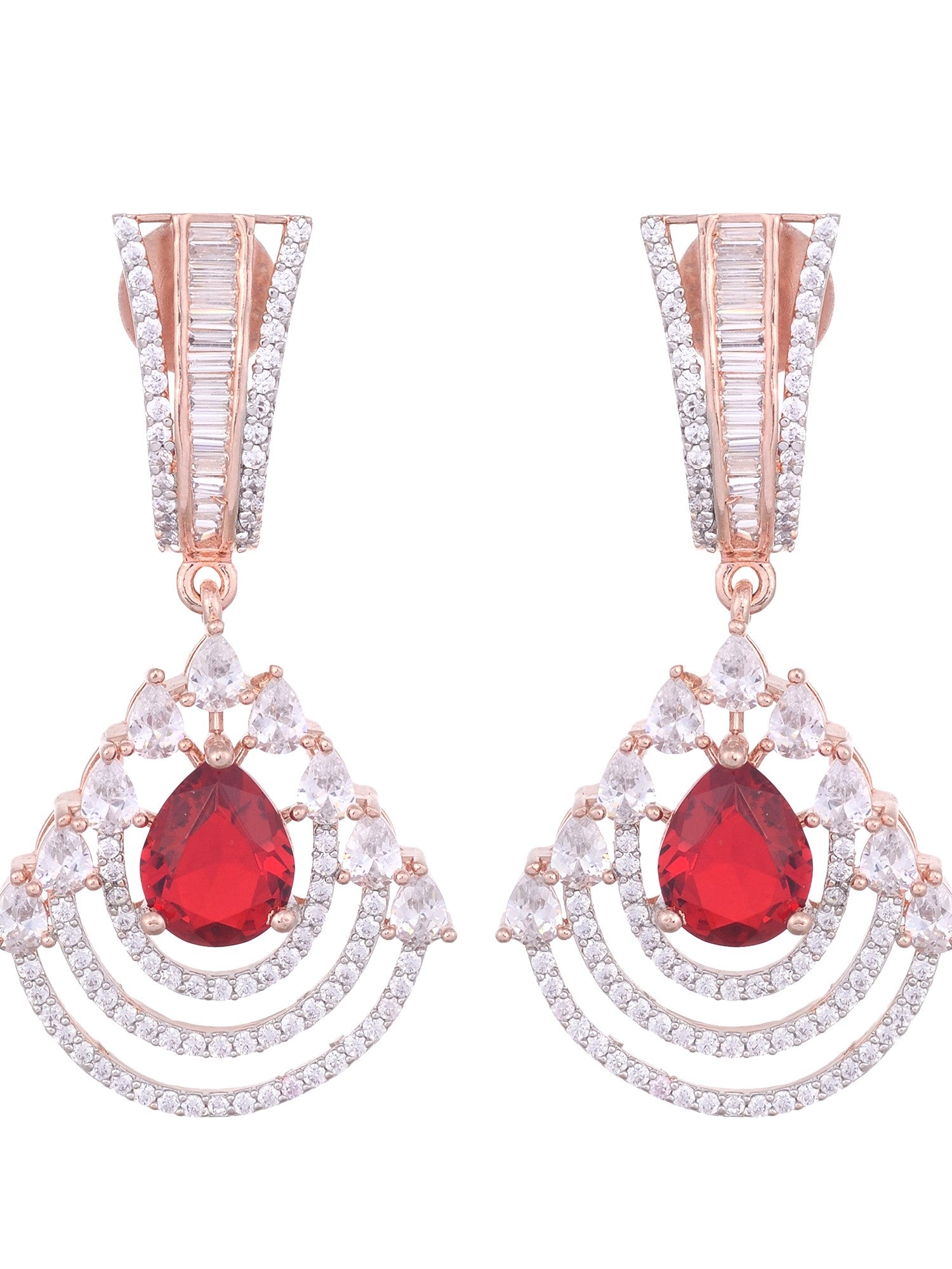 Modern Ruby danglers Red drop earrings AD studded Rose gold plated