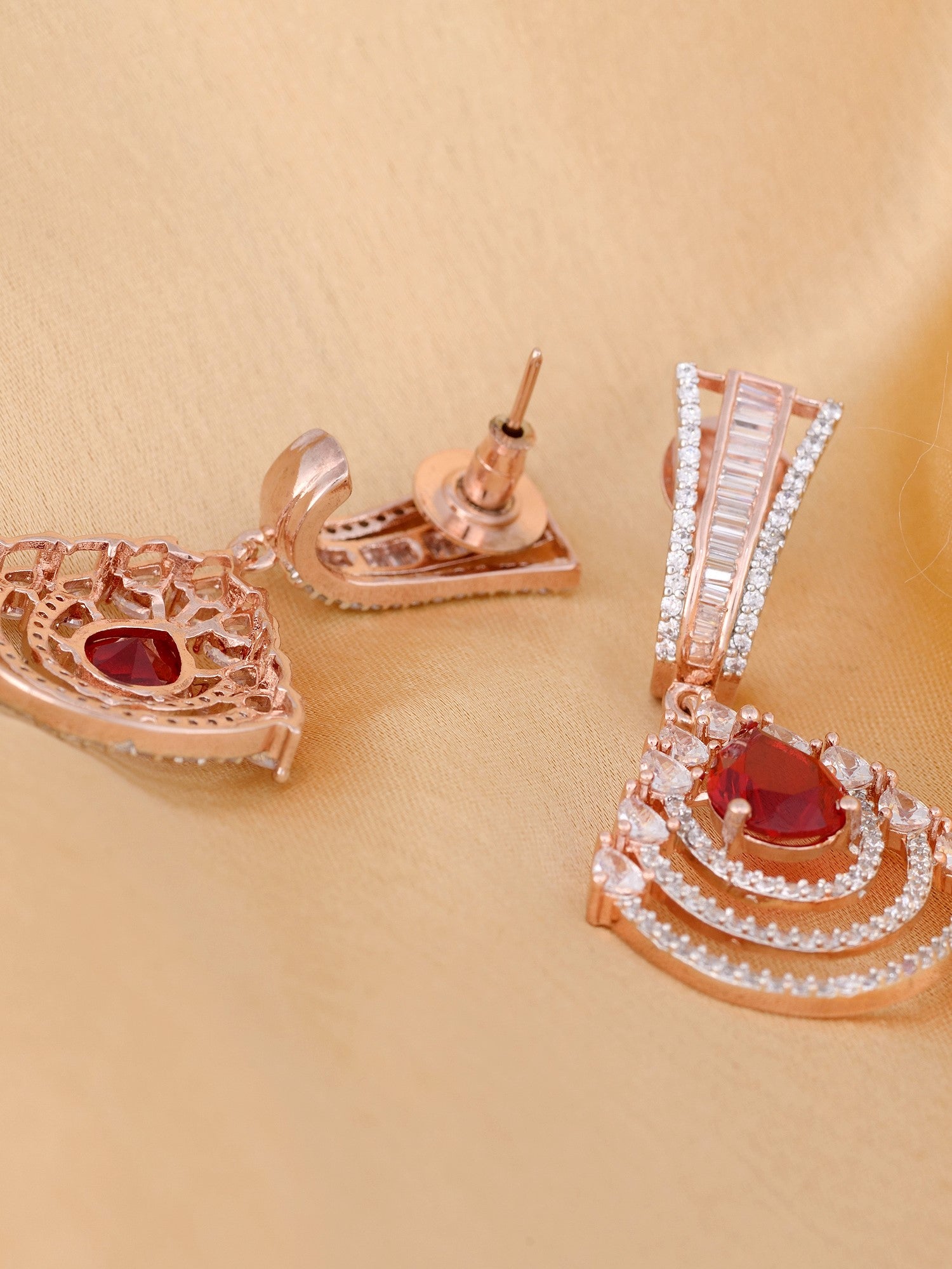 Modern Ruby danglers Red drop earrings AD studded Rose gold plated