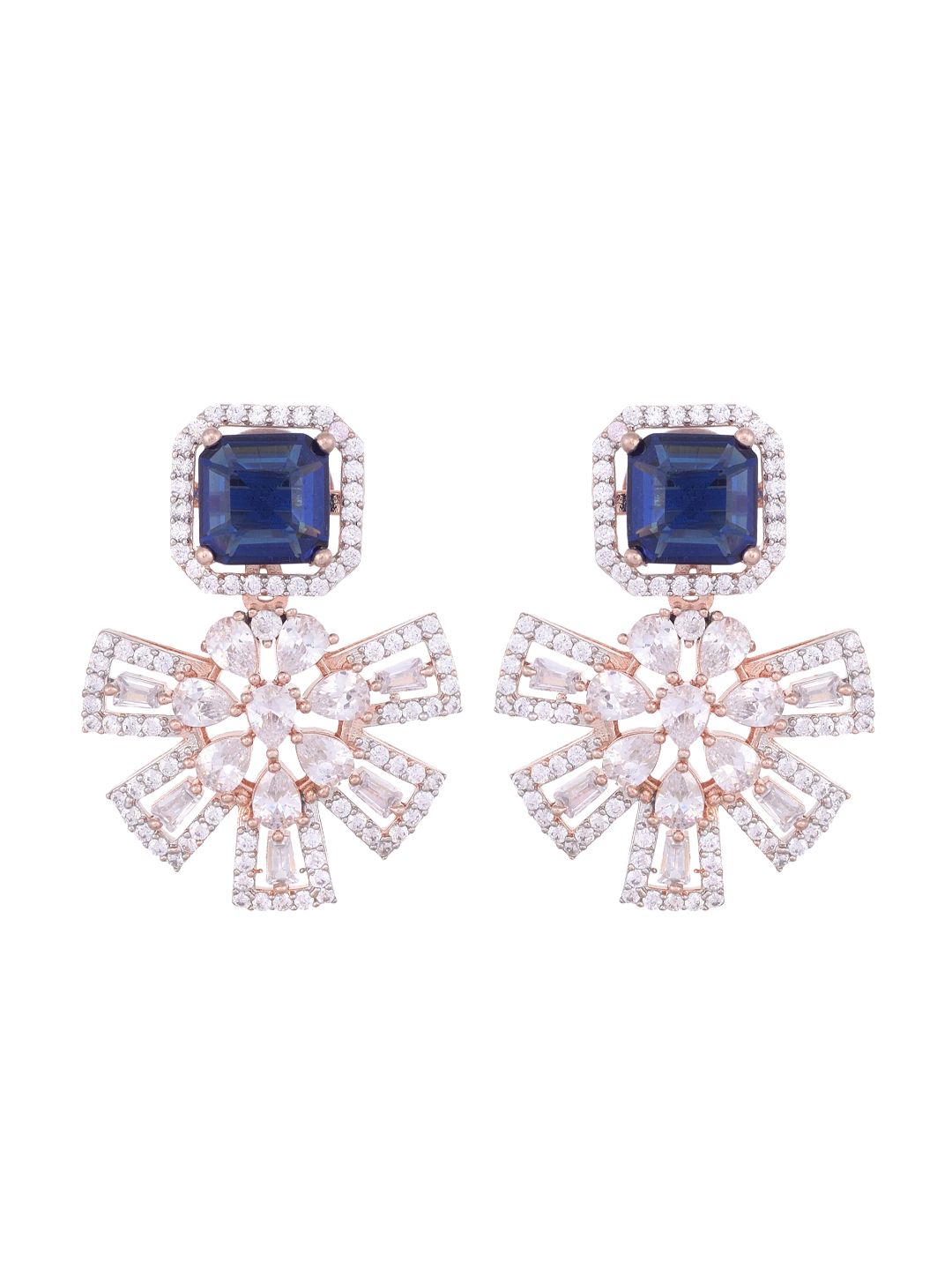 Exquisite Sapphire Floral design blue earrings Rose gold plated AD studded