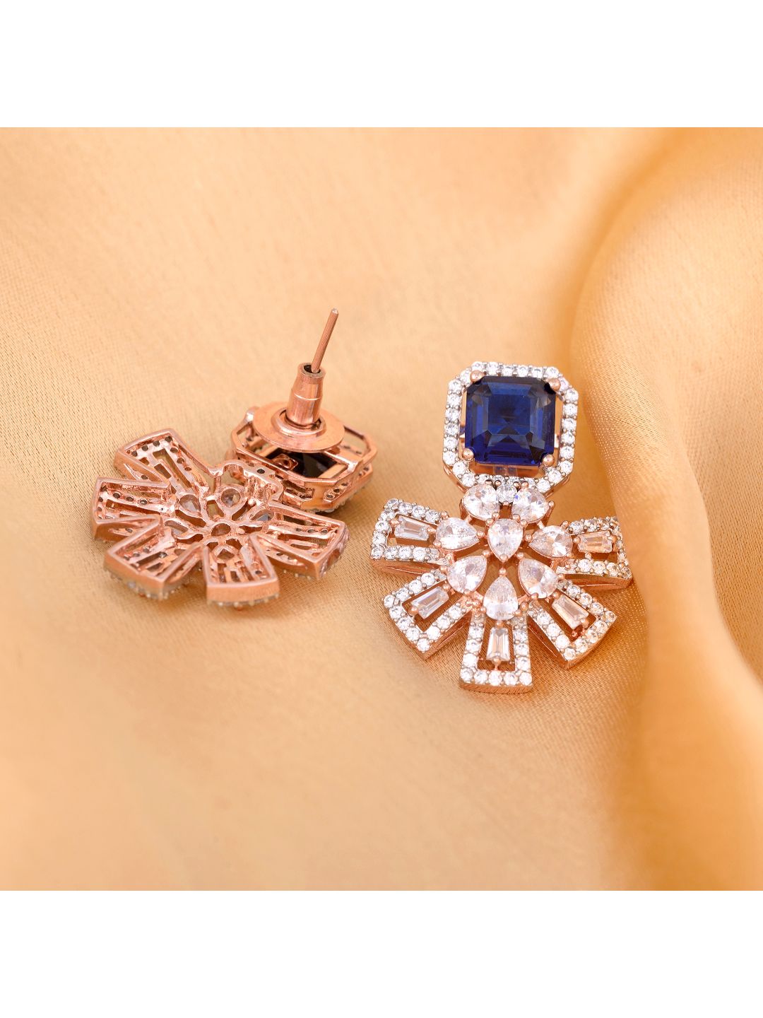 Exquisite Sapphire Floral design blue earrings Rose gold plated AD studded