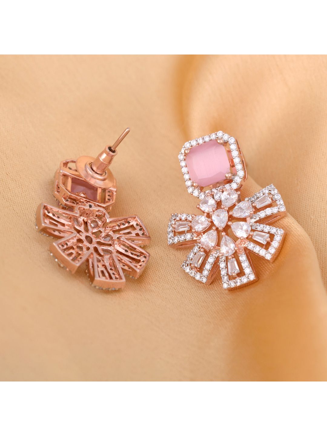 Exquisite Rose Quartz Floral design pink earrings Rose gold plated AD studded