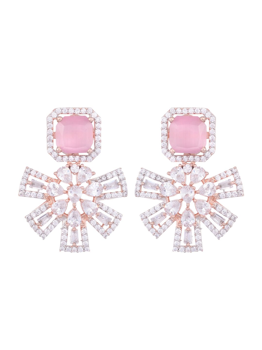 Exquisite Rose Quartz Floral design pink earrings Rose gold plated AD studded