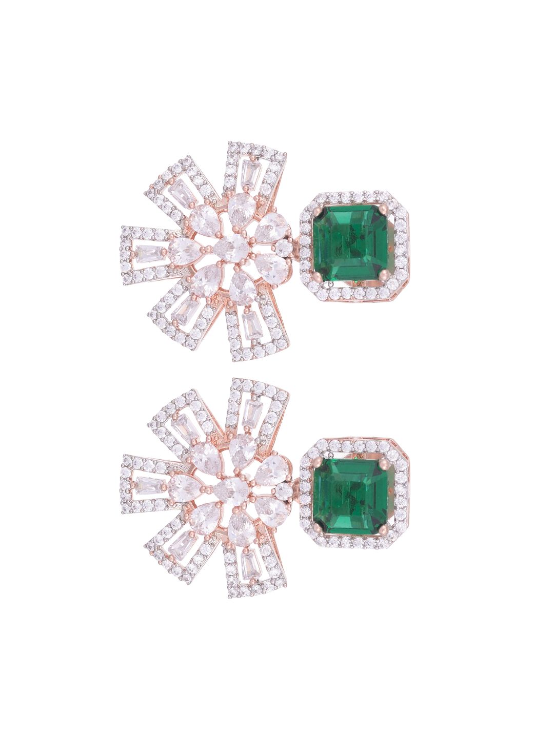 Exquisite Emerald Floral design green earrings Rose gold plated AD studded