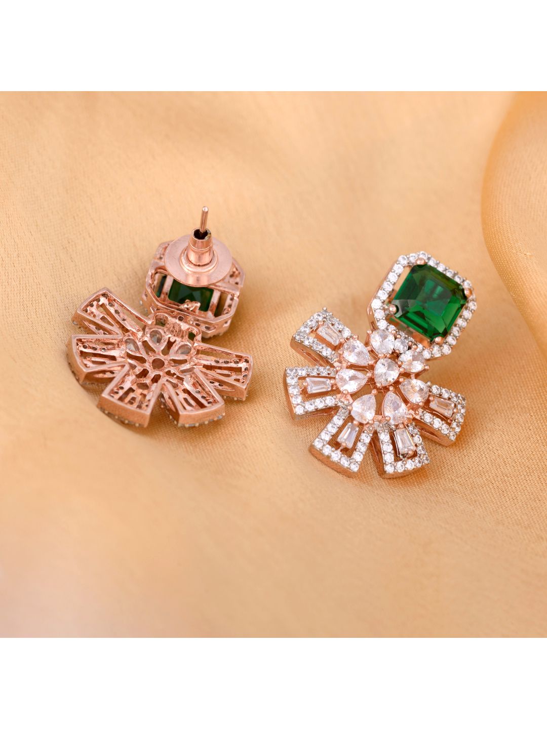 Exquisite Emerald Floral design green earrings Rose gold plated AD studded