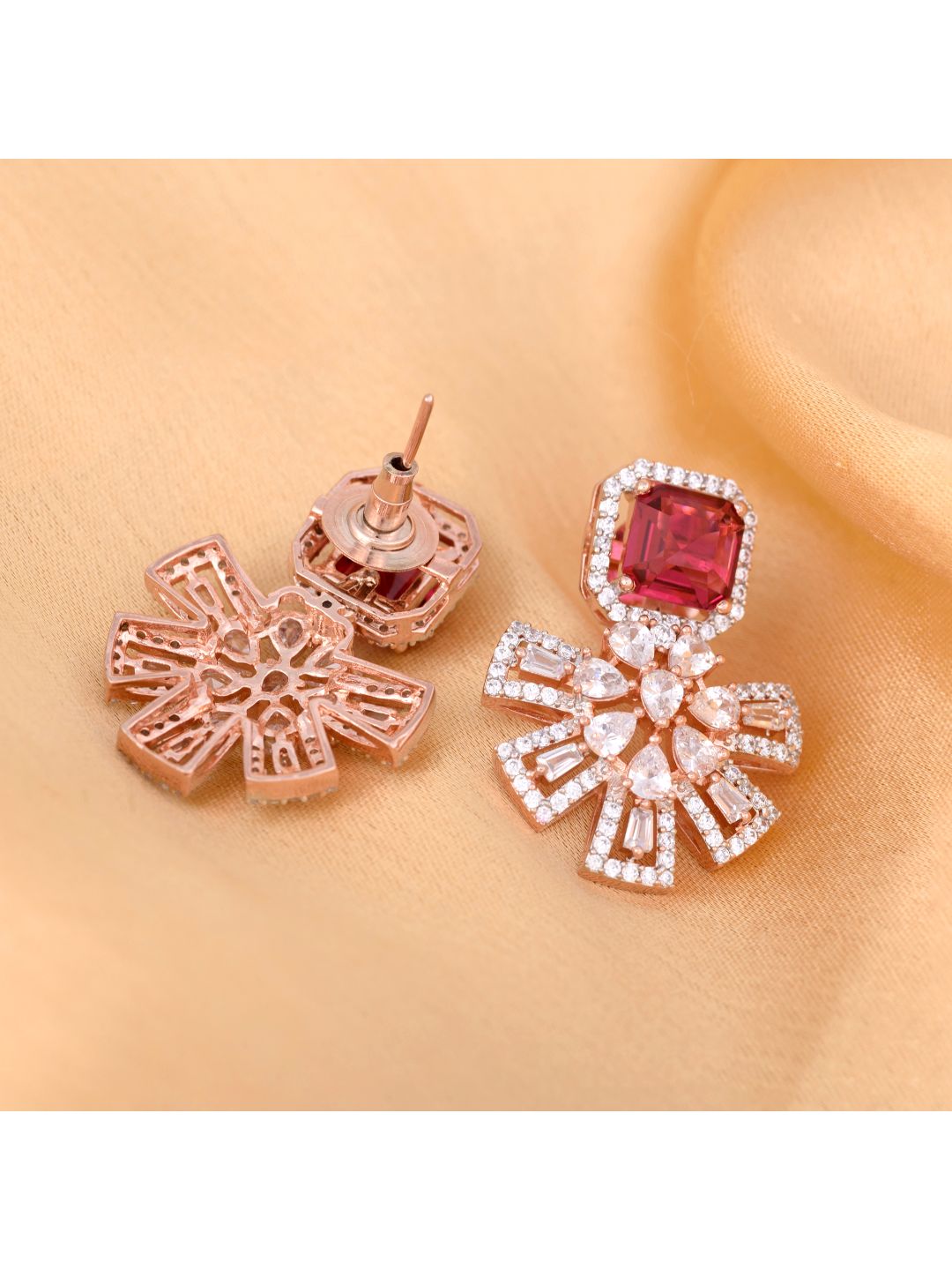 Exquisite Ruby Floral design red earrings Rose gold plated AD studded