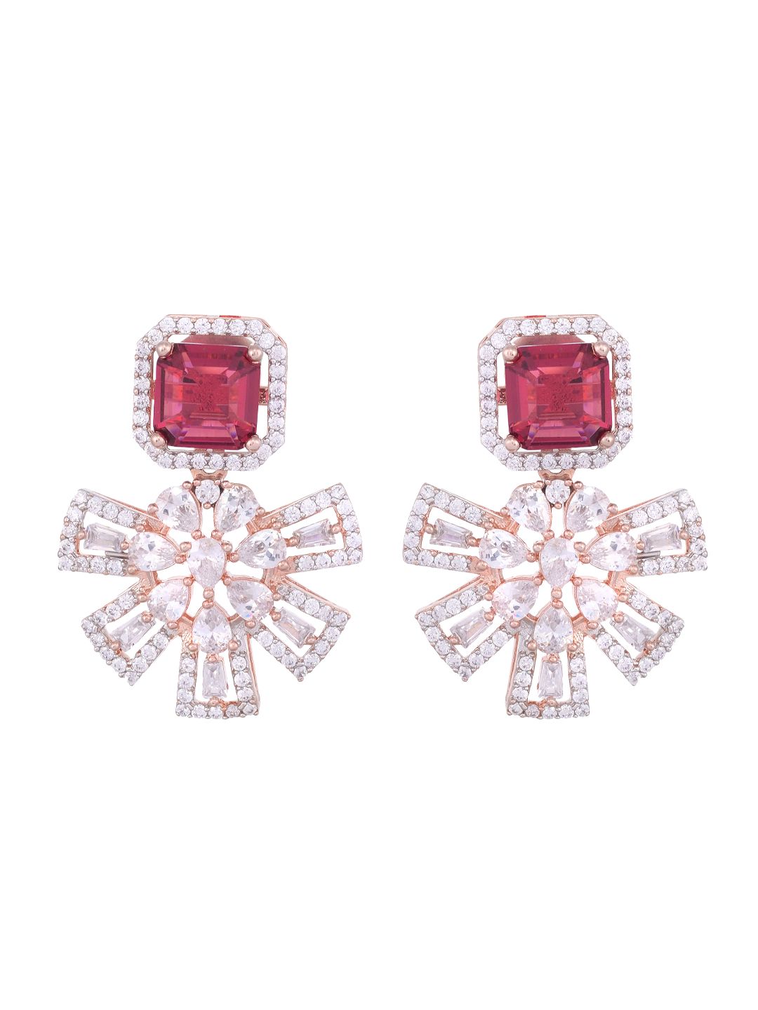 Exquisite Ruby Floral design red earrings Rose gold plated AD studded