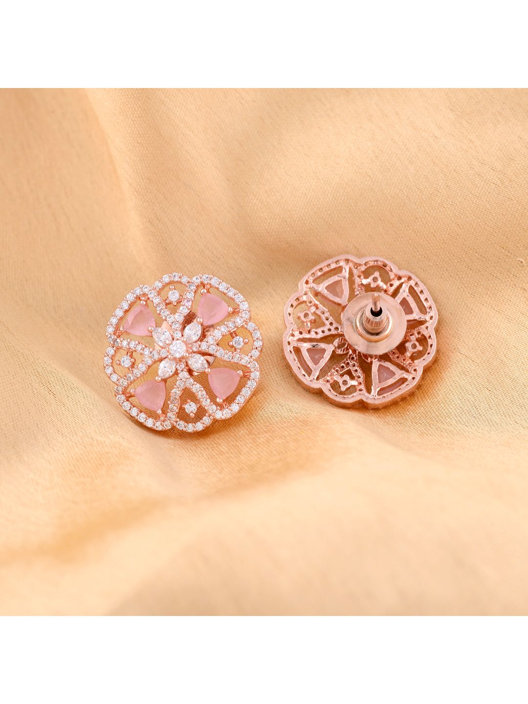 Crown Design Rose Quartz Studs Pastel Pink Tops AD encrusted Rose gold plated Earrings