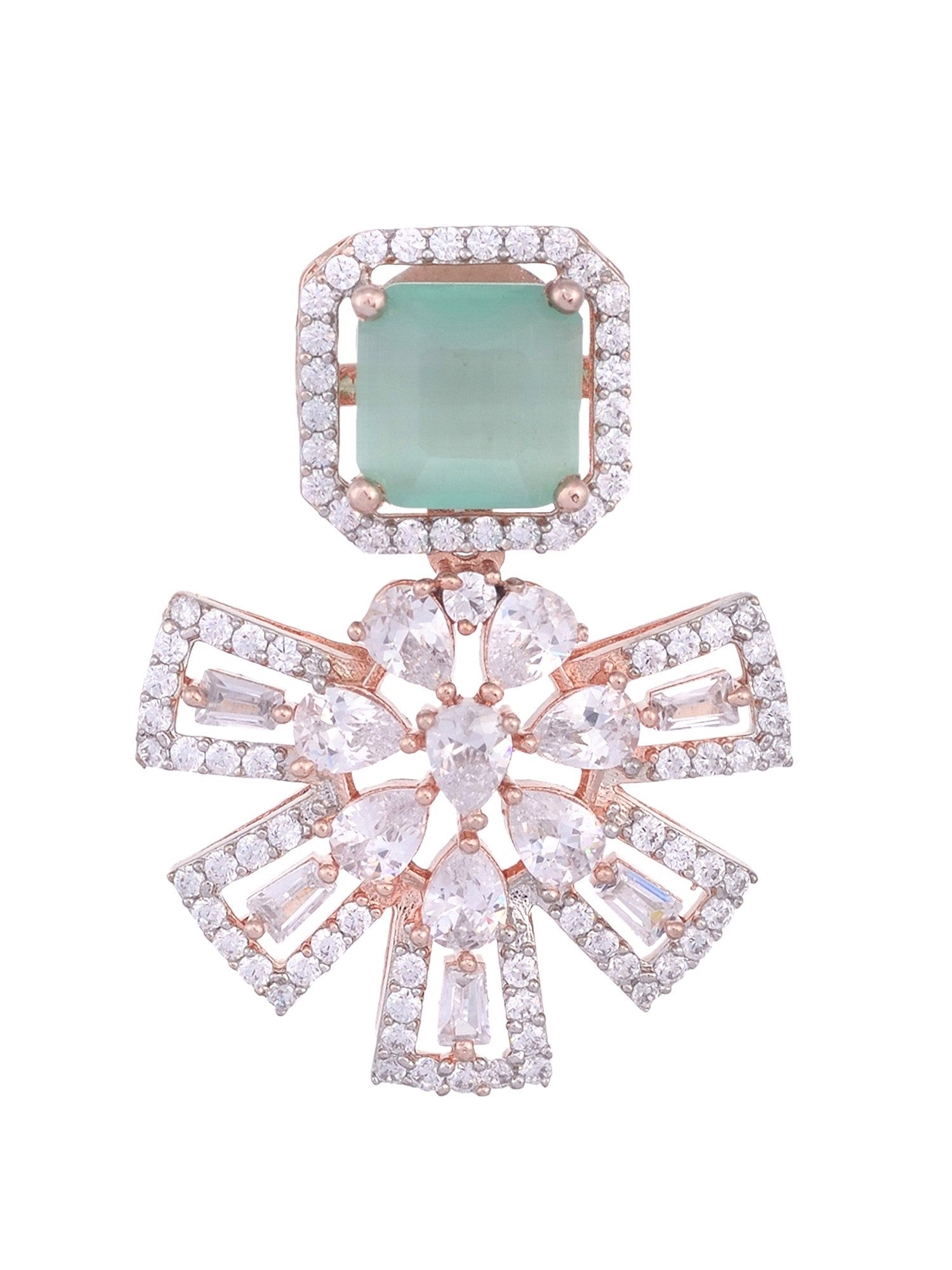 Exquisite Turquoise Floral design pastel blue earrings Rose gold plated AD studded