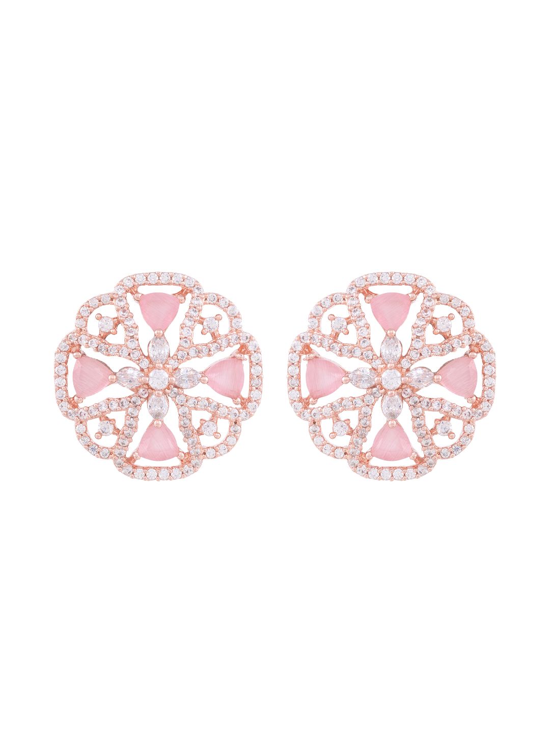 Crown Design Rose Quartz Studs Pastel Pink Tops AD encrusted Rose gold plated Earrings