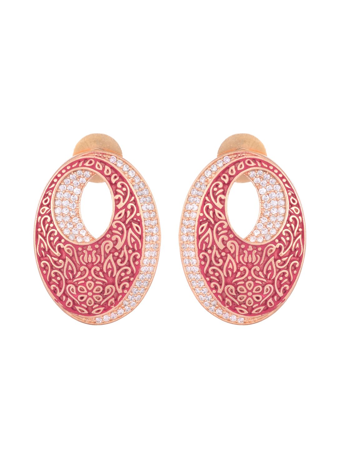 Oval Red Meenakari Small Earrings High Quality Enamelled Rose Gold Plated