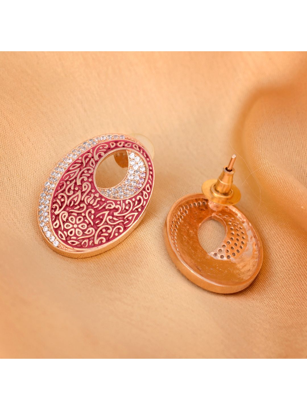 Oval Red Meenakari Small Earrings High Quality Enamelled Rose Gold Plated