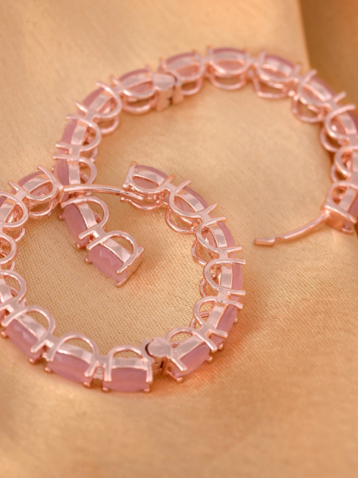 Rose Quartz studded Hoops Rose Gold Plated Pastel Baby Pink Round Big Earrings