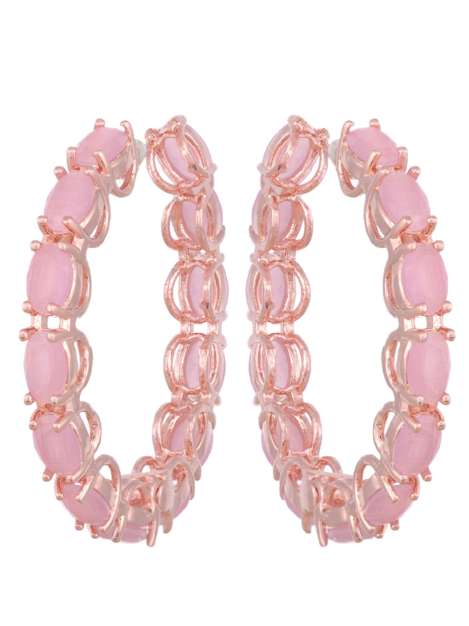 Rose Quartz studded Hoops Rose Gold Plated Pastel Baby Pink Round Big Earrings