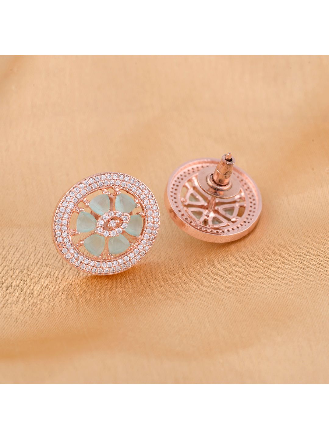 Floral Design Turquoise Studs Light Blue Tops AD Rose gold plated small earrings