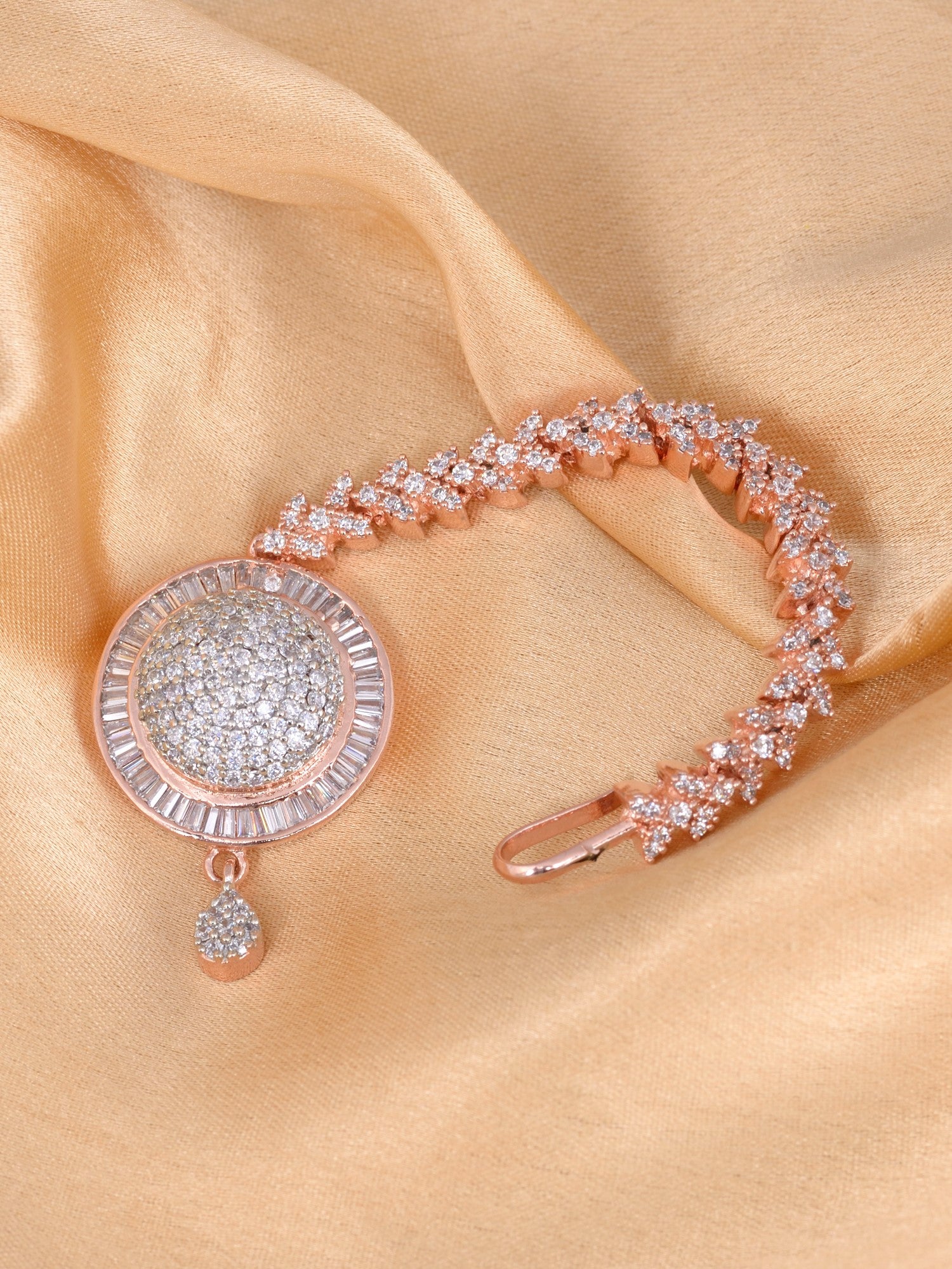 Unique Diamond clustered Maang Tikka round shaped Rose Gold plated AD studded for Women & Girls