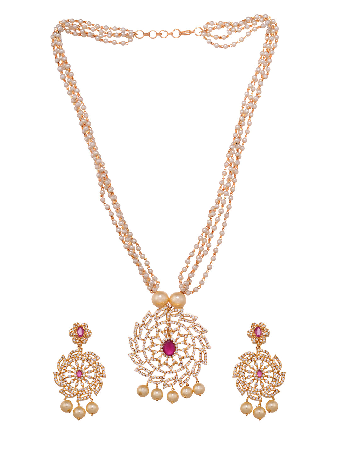 Gold Plated Multi AD Studded & Pearl Beaded traditional Pendant Jewellery Set