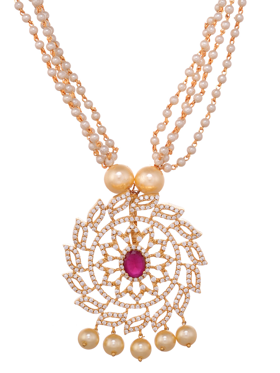 Gold Plated Multi AD Studded & Pearl Beaded traditional Pendant Jewellery Set