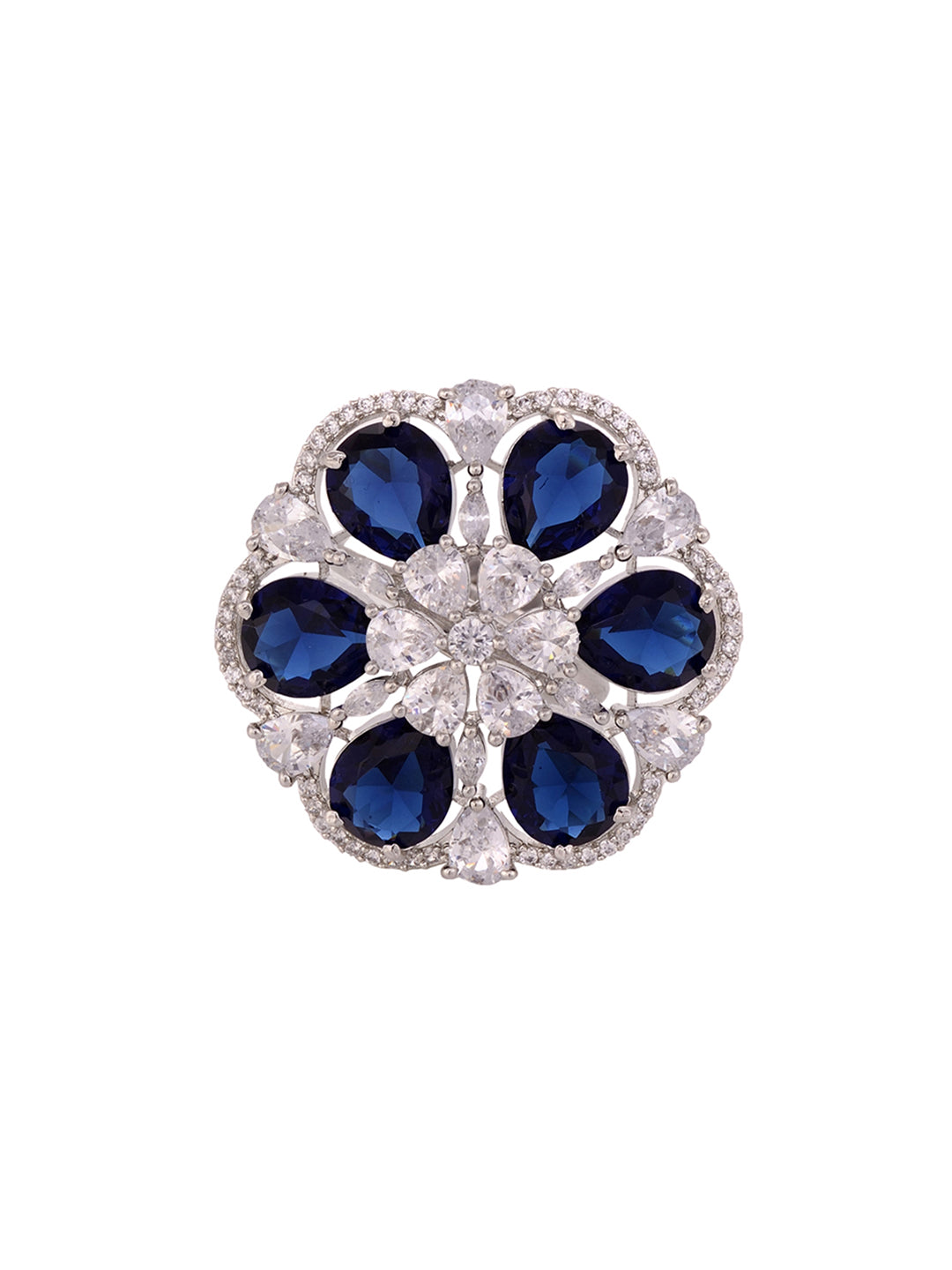 Silver Rhodium Blue AD Studded Adjustable Finger Ring