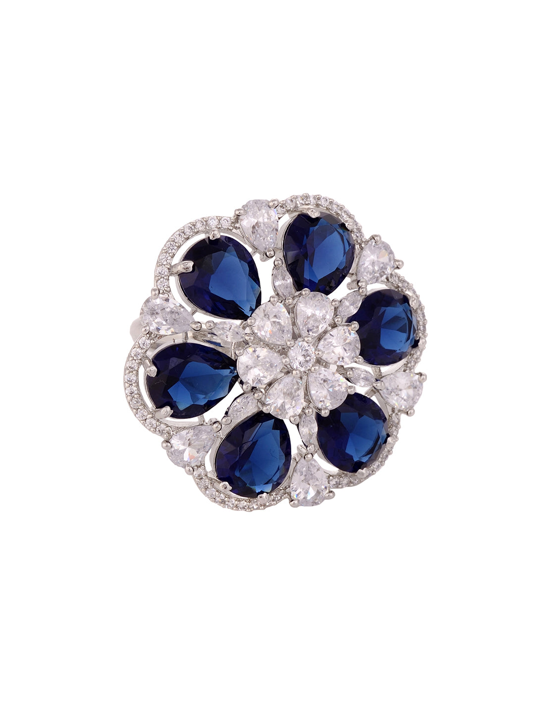 Silver Rhodium Blue AD Studded Adjustable Finger Ring