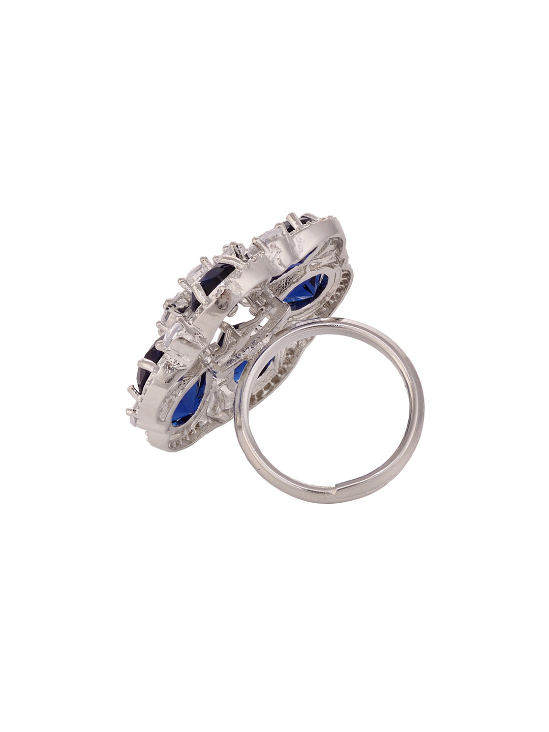 Silver Rhodium Blue AD Studded Adjustable Finger Ring