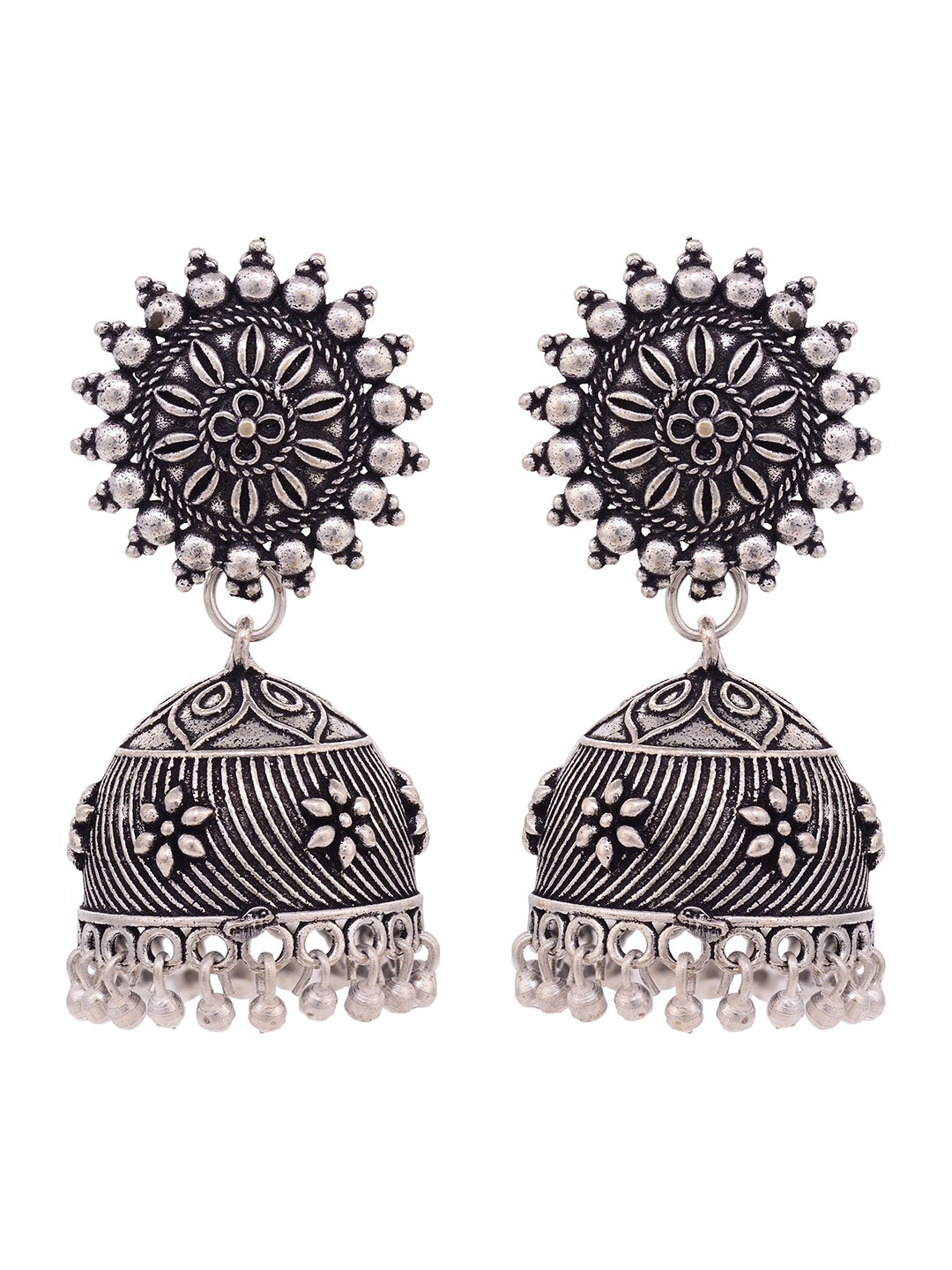 Silver Toned Oxidised Jhumka Earrings