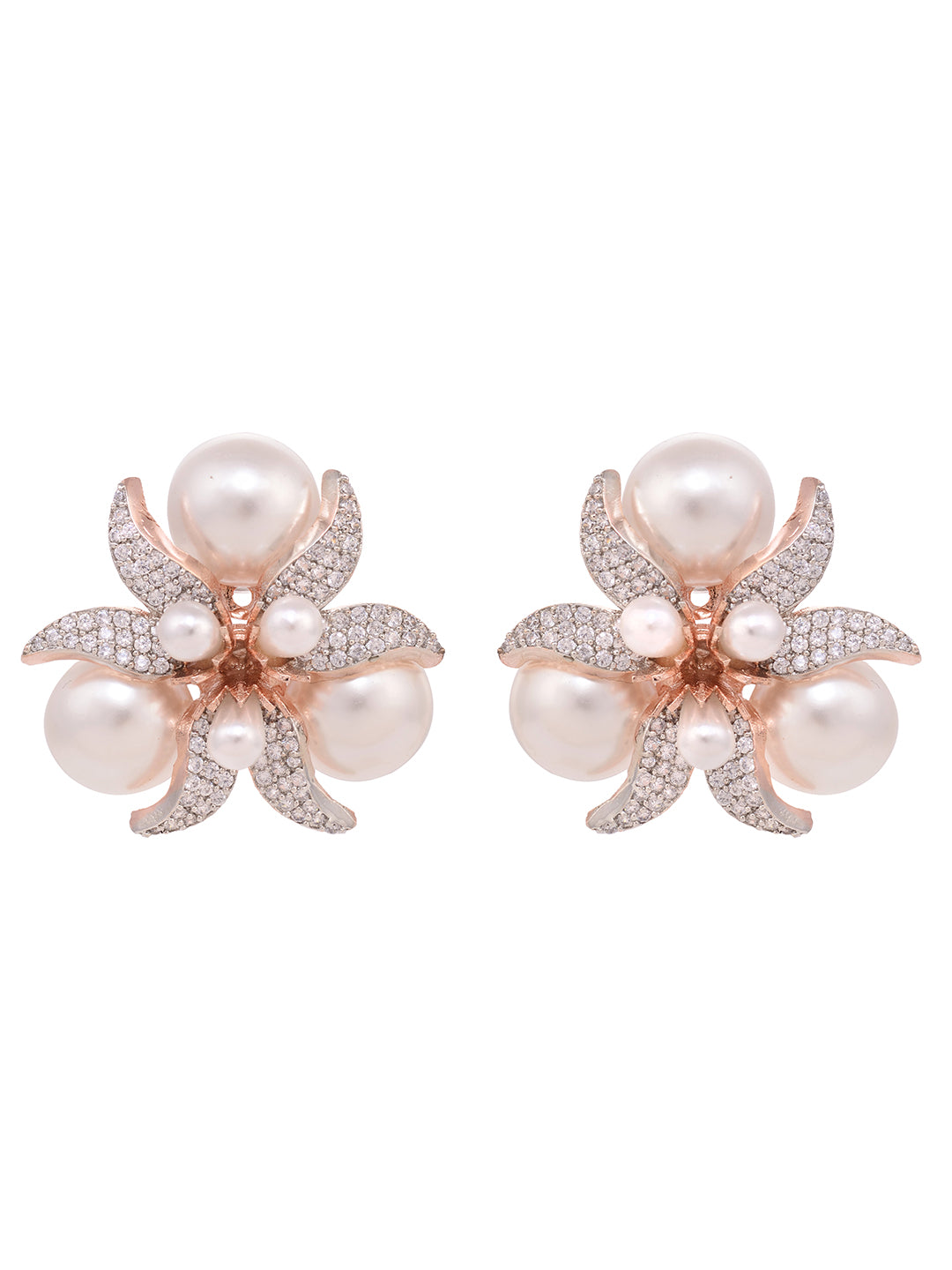 Rose Gold Plated White AD & Pearl Studded Big Studs Earrings