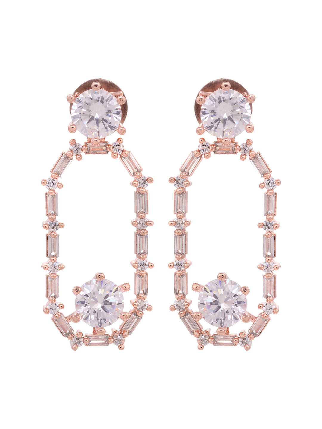 Rose Gold Plated White AD Studded Modern Dangler Earrings