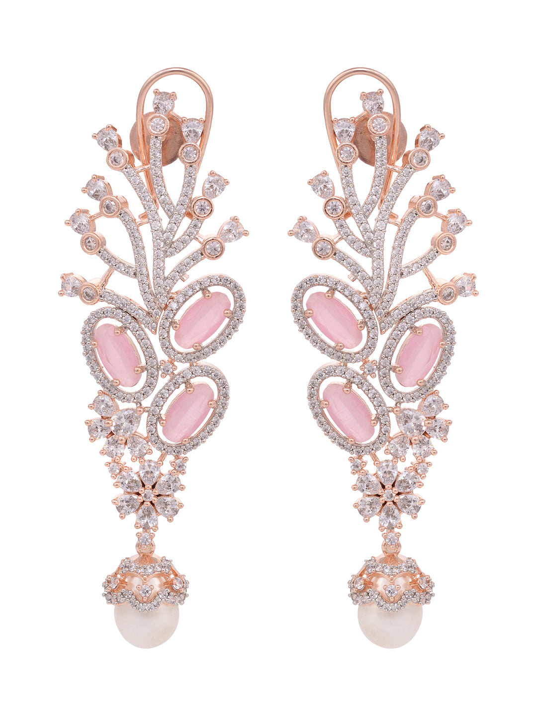 Rose Gold Plated Pink AD Studded Flowery Dropdown Earring