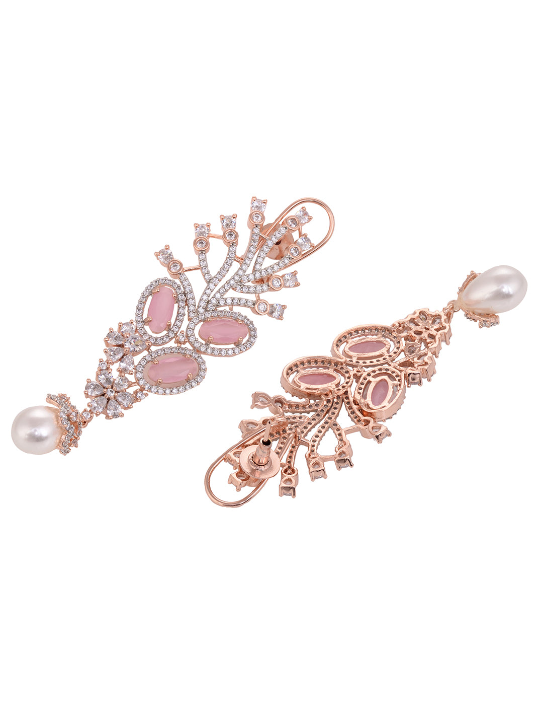 Rose Gold Plated Pink AD Studded Flowery Dropdown Earring