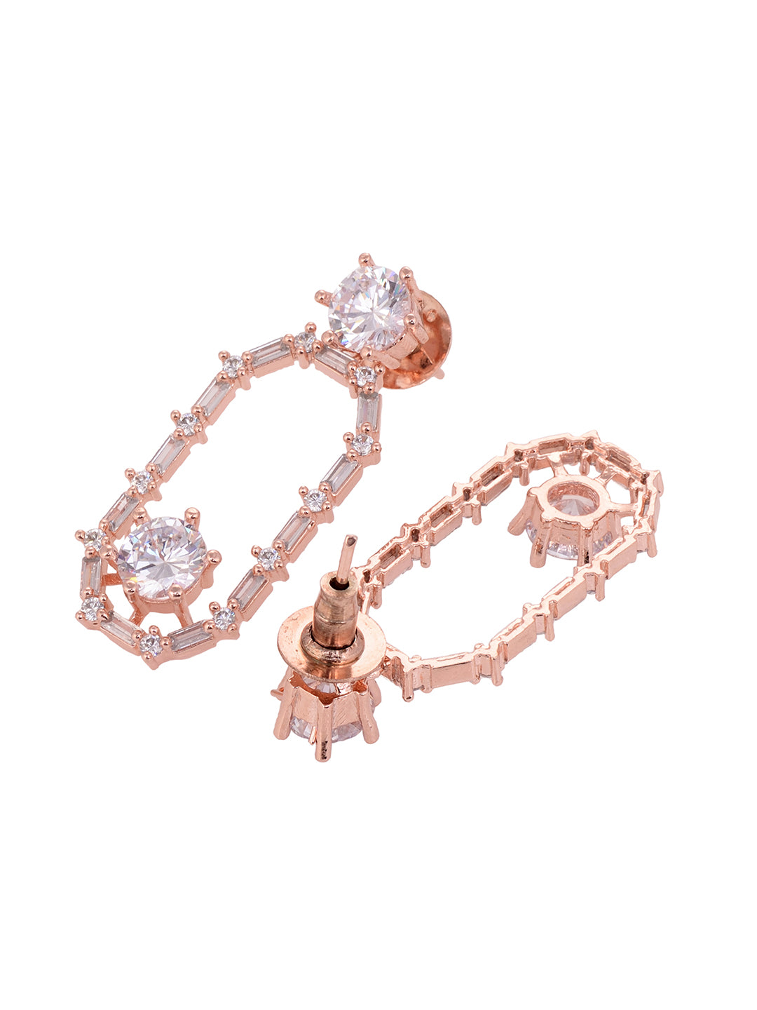 Rose Gold Plated White AD Studded Modern Dangler Earrings