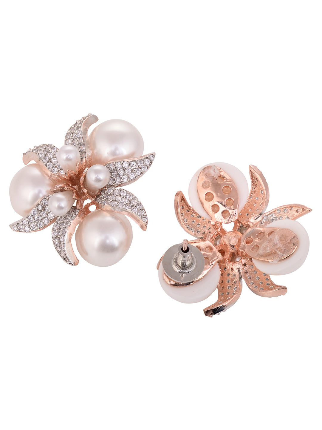 Rose Gold Plated White AD & Pearl Studded Big Studs Earrings