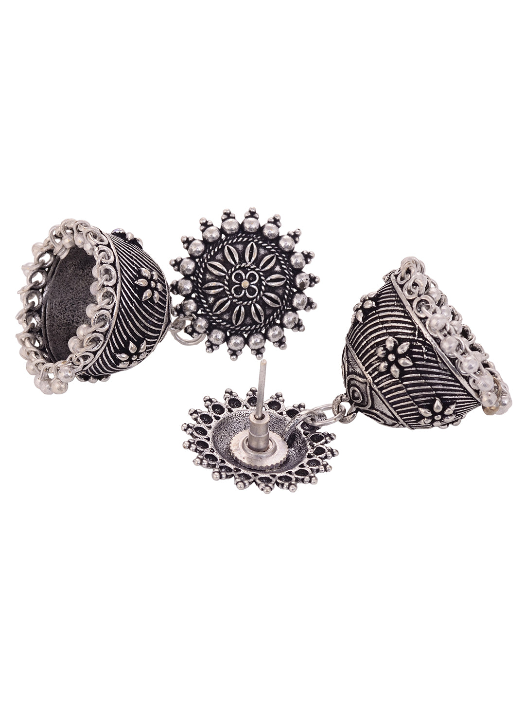 Silver Toned Oxidised Jhumka Earrings