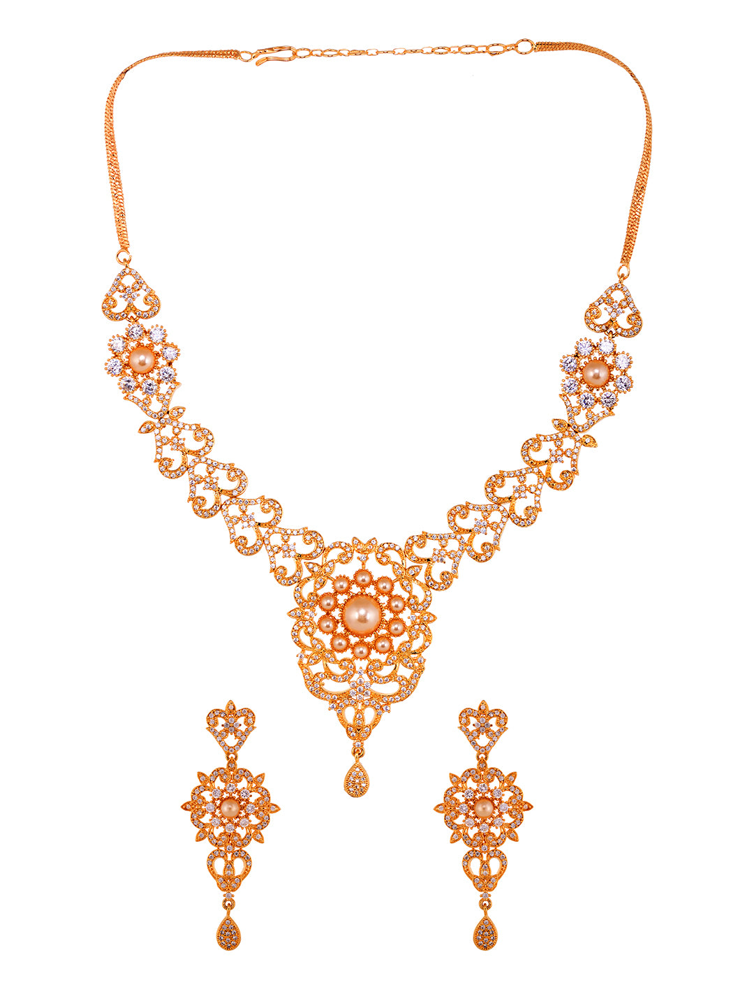 Gold Plated Designer Necklace Gold Pearl drops Earrings Set