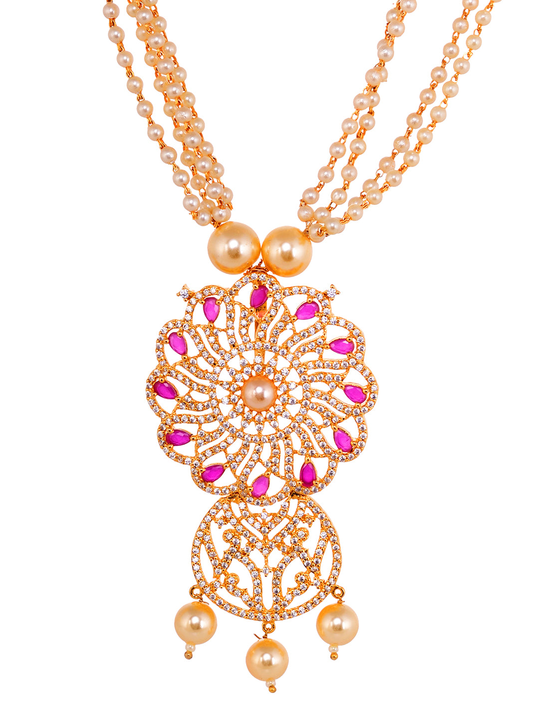 Gold Plated Red AD studded Floral Pendant Necklace Earrings Set