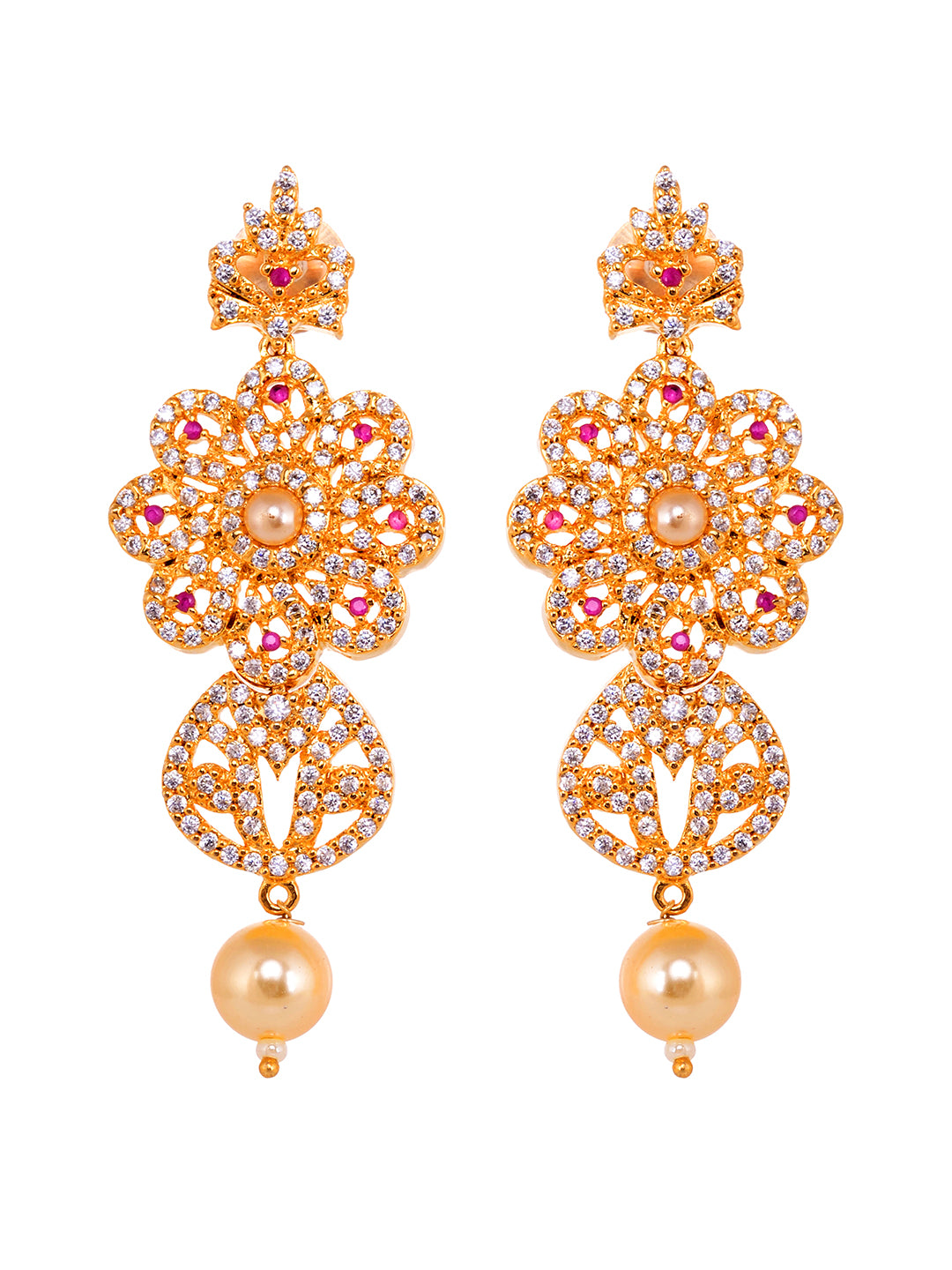 Gold Plated Red AD studded Floral Pendant Necklace Earrings Set