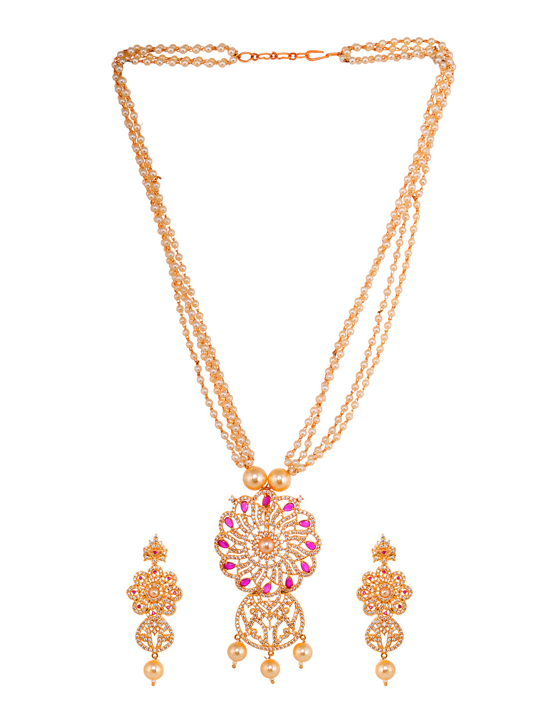 Gold Plated Red AD studded Floral Pendant Necklace Earrings Set