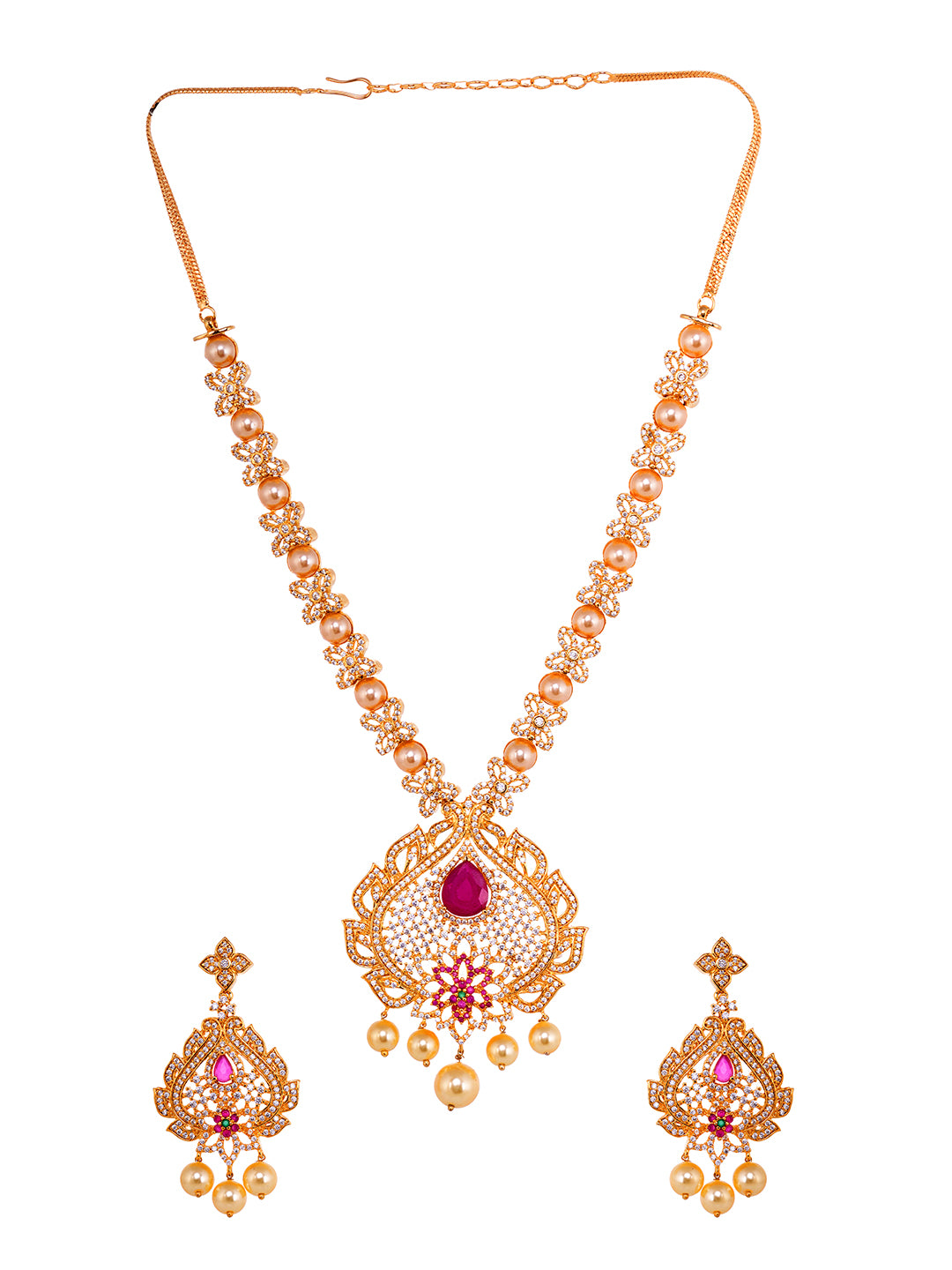 Gold Plated Red AD & Pearl studded Pendant Necklace and Earrings Set