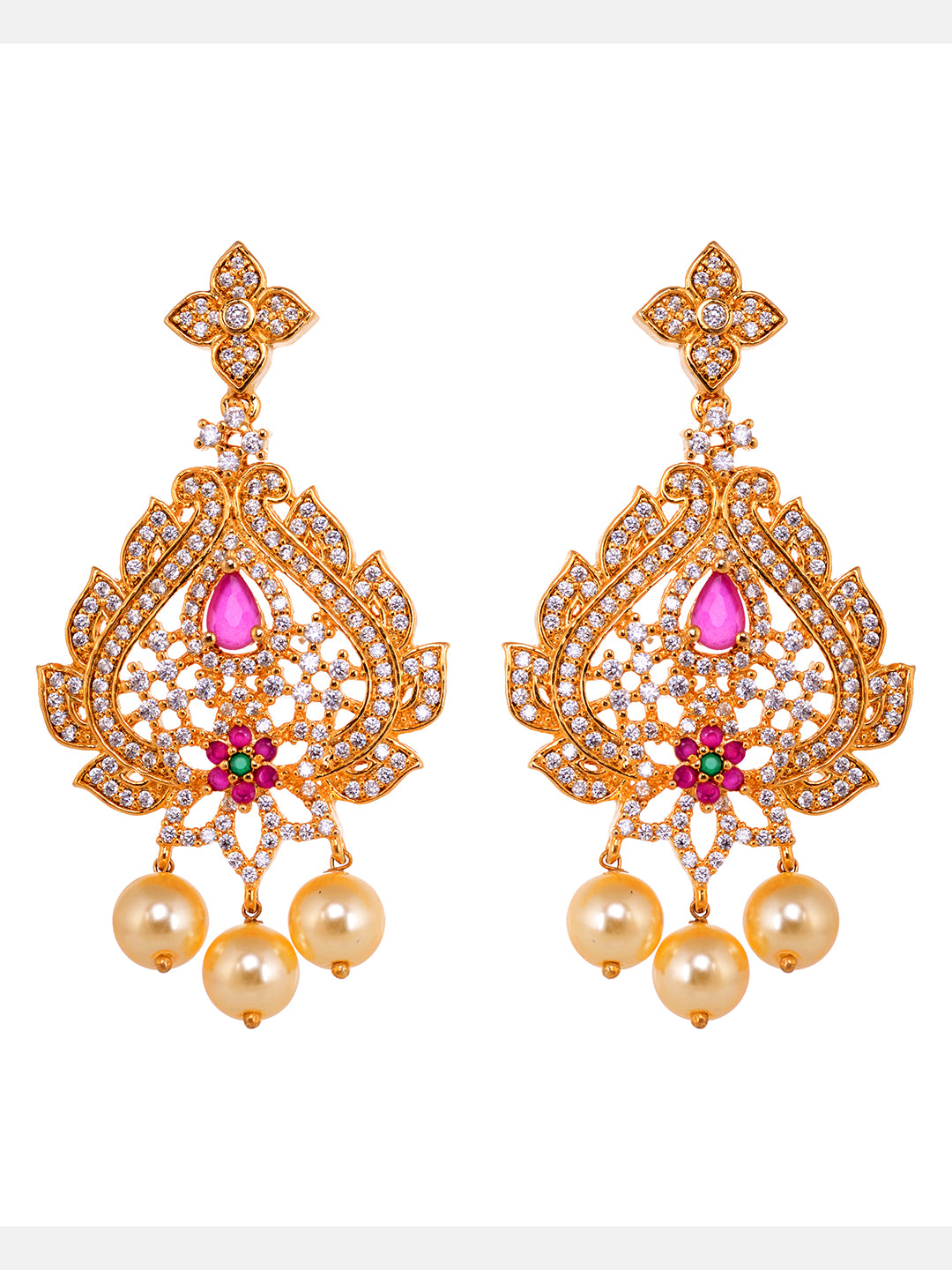 Gold Plated Red AD & Pearl studded Pendant Necklace and Earrings Set