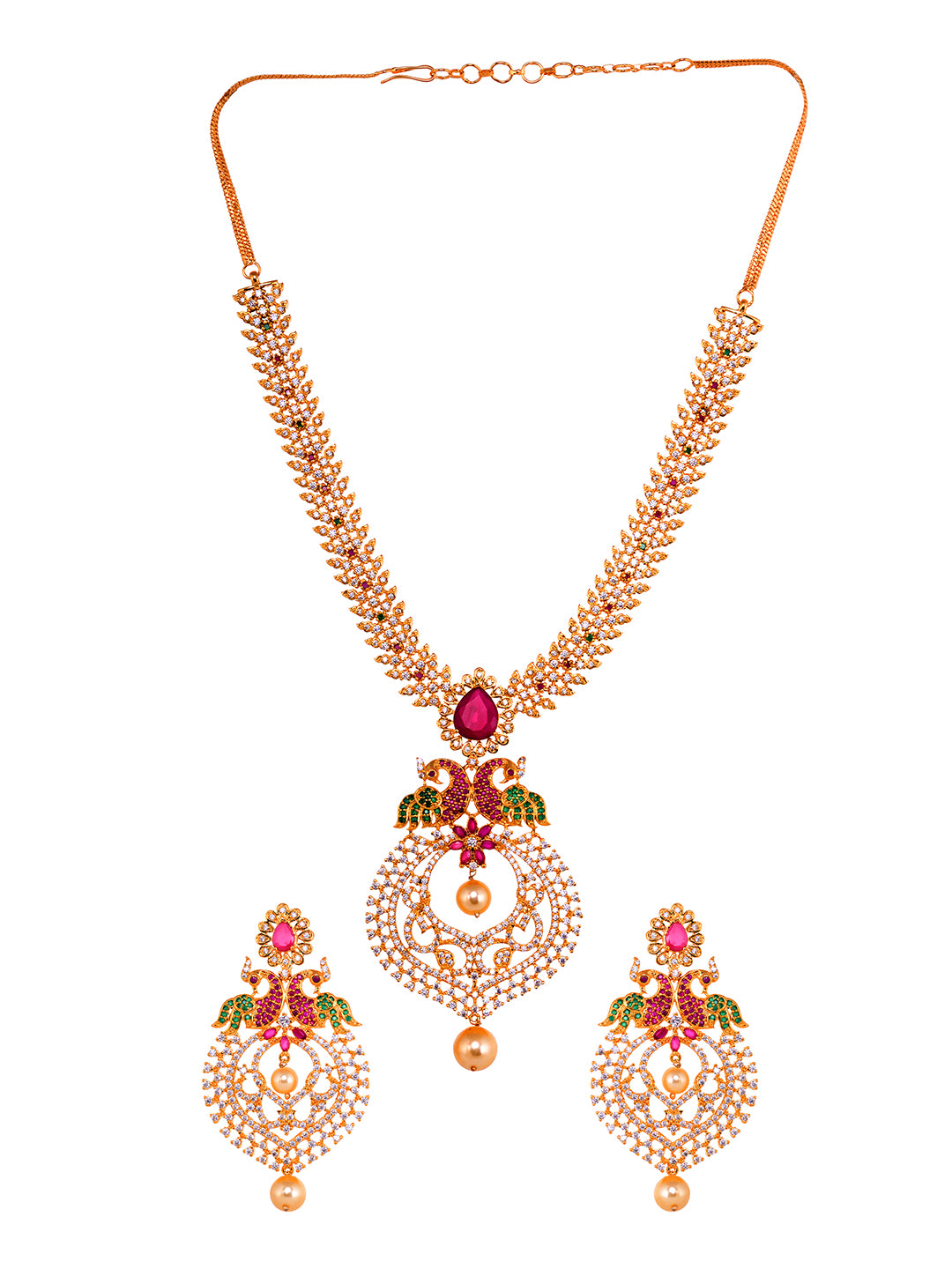 Gold Plated Big pendant style Multi AD studded Peacock design Necklace Earrings Set