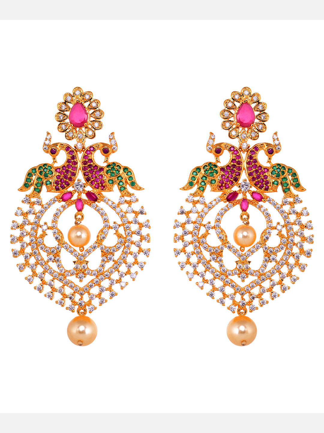 Gold Plated Big pendant style Multi AD studded Peacock design Necklace Earrings Set